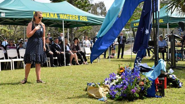 Kathy Sheehan lays a wreath in honour of her late husband Detective Senior Constable Russell Sheehan. Picture: Stuart Cumming