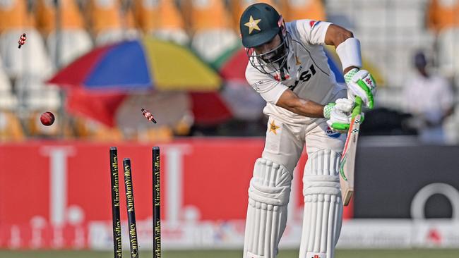 Pakistan's Mohammad Rizwan is clean bowled by Brydon Carse. Picture: AFP