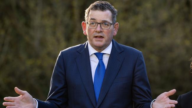 Daniel Andrews holds a press conference in the gardens of state parliament on Thursday, following the release of IBAC’s Operation Sandon report. Picture: Jason Edwards