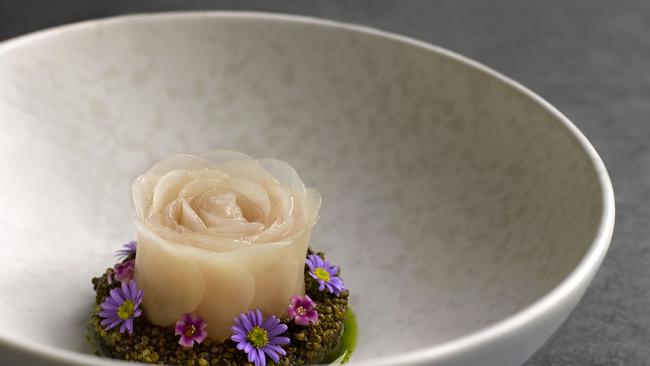 White beetroot with hamachi that’s shaped into a rosedish at Whitegrass.