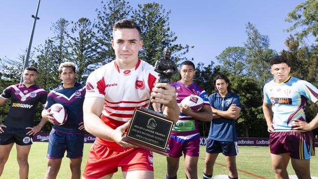 Tony Francis, Deijion Leugaimafu, Damon Somerville, Joshua Pese, Brodyn Gudgeon and Siaosi Tonga with the Langer Cup. Picture: Renae Droop