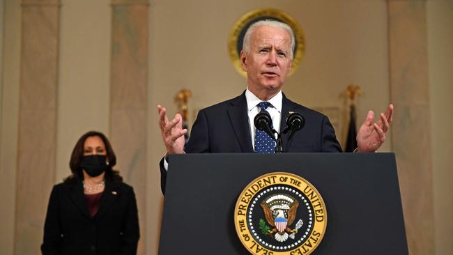 Joe Biden is flanked by Kamala Harris for his nationwide address. Picture: AFP