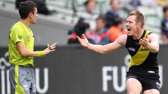 The Tigers want more frees for Jack Riewoldt. Picture: AAP Images