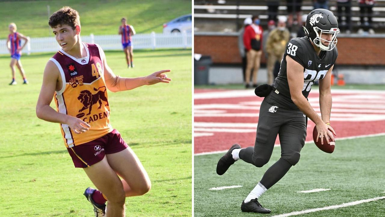 Nick Haberer plays Aussie rules for the Brisbane Lions Academy (left) and playing for Washing State University Cougars (right). Picture: Supplied