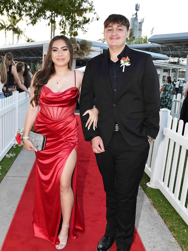 Frances Cavender and Aidan Pigeon at the 2023 Caloundra State High School Year 12 formal. Picture: Patrick Woods.