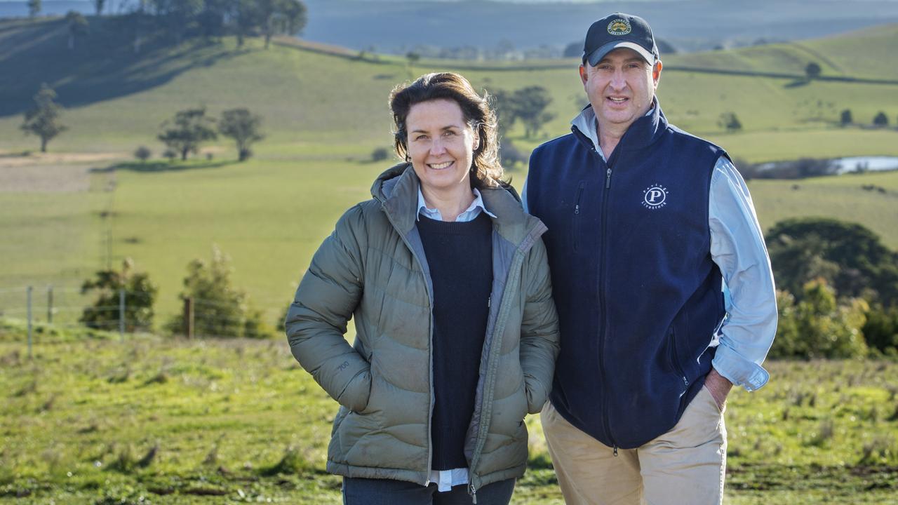 Olivia and Tom Lawson on their Clarke’s Hill farm. Picture: Zoe Phillips