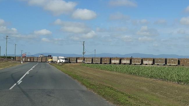 A cane train derailed in Mackay at the intersection of Cowleys Rd and Schmidtkes Rd on the morning of September 12, 2022. Picture: Keith Hyatt