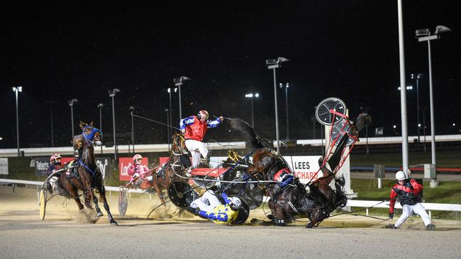 Adrian Duggan flies above Conor Crook and John Walters during a crash at Mowbray on Sunday night. Both Adrian Duggan and Conor Crook were taken to hospital. Picture: STACEY LEAR