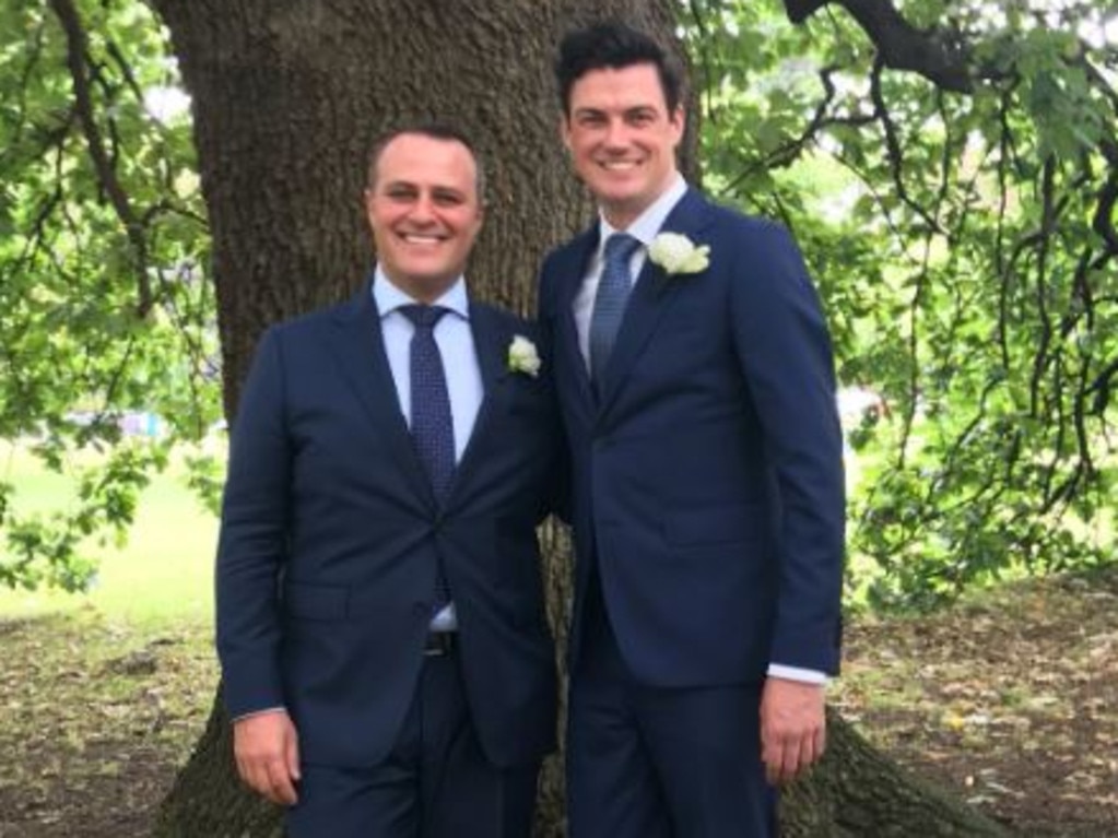 Tim Wilson (left, with husband) has emerged as a shock contender in the Liberal Party leadership battled. Picture: X