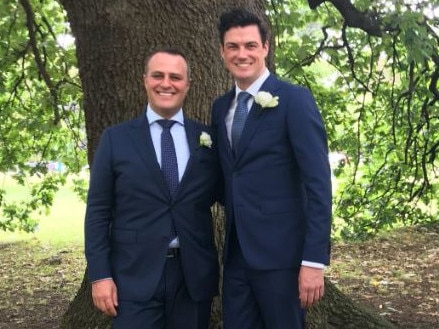 Tim Wilson (left, with husband) has emerged as a shock contender in the Liberal Party leadership battled. Picture: X