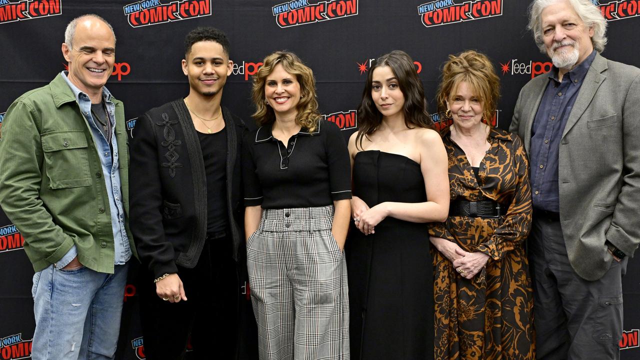 L-R: The Penguin actors Michael Kelly and Rhenzy Feliz, showrunner Lauren LeFranc, and actors Cristin Milioti, Deirdre O’Connell and Clancy Brown at New York Comic Con. Picture: Getty