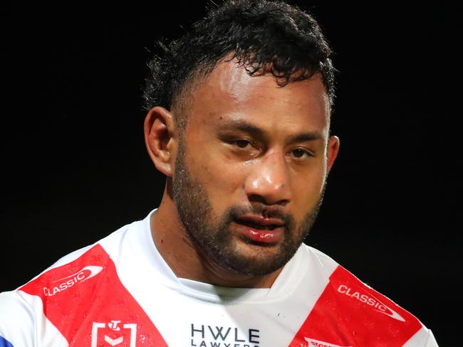SYDNEY, AUSTRALIA - MARCH 26: Francis Molo of the Dragons reacts during the round four NRL match between St George Illawarra Dragons and Cronulla Sharks at Netstrata Jubilee Stadium on March 26, 2023 in Sydney, Australia. (Photo by Jeremy Ng/Getty Images)