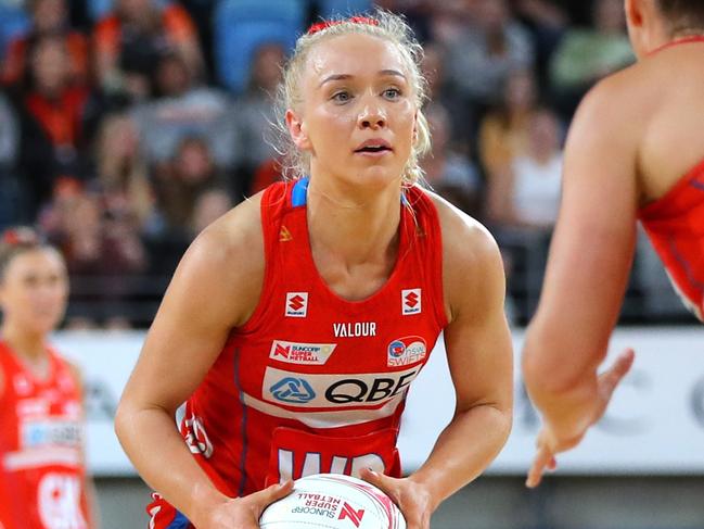 SYDNEY, AUSTRALIA - APRIL 29: Tayla Fraser of the Swifts looks to pass during the round seven Super Netball match between Giants Netball and NSW Swifts at Ken Rosewall Arena, on April 29, 2023, in Sydney, Australia. (Photo by Jeremy Ng/Getty Images)