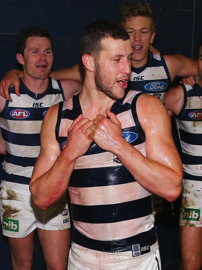 Menegola finished the night drenched in Gatorade. Picture: Getty Images