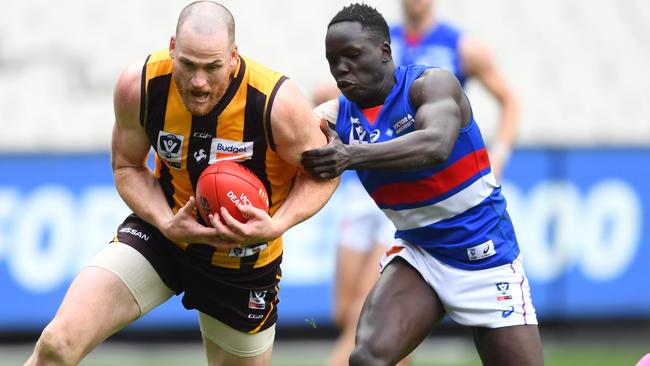 Jarryd Roughead Leads Reuben William to the footy in the May VFL match. Picture: Getty Images