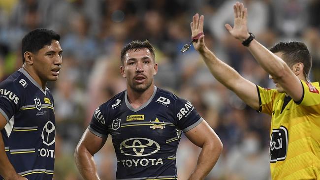 TOWNSVILLE, AUSTRALIA - JUNE 18:  Reece Robson of the Cowboys is sent to the Sin Bin during the round 15 NRL match between the North Queensland Cowboys and the Cronulla Sharks at QCB Stadium, on June 18, 2021, in Townsville, Australia. (Photo by Ian Hitchcock/Getty Images)