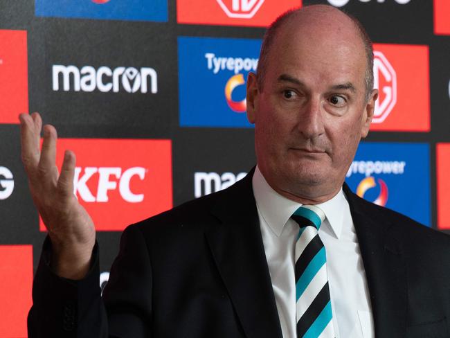 PORT ADELAIDE, AUSTRALIA - Advertiser Photos February 9, 2024: Port Adelaide AFL premiership captain Warren Tredrea (right) has won the highly publicised battle for a place on the Power's board. He is pictured with Port Adelaide Football Club Chairman David Koch at Alberton Oval. Picture: Naomi Jellicoe