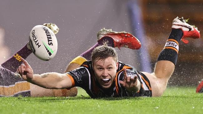 Billy Walters celebrates after scoring a try for Wests Tigers in their 48-0 thrashing of Brisbane Broncos at Leichhardt Oval on Friday night. Picture: Getty Images