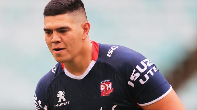 Willis Meehan, 19, of the Roosters, trains at Allianz Stadium, he is the son of heavyweight boxing champion Kali Meehan, and will make his NRL debut against the Melbourne Storm. pic Mark Evans