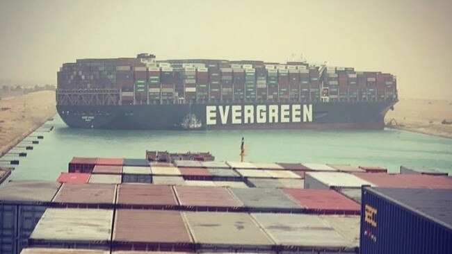 The cargo ship turned sideways in the Suez Canal, blocking all traffic at the busy waterway. Picture: Julianne Cona