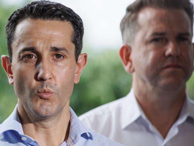 Darren Zanow, David Crisafulli, and Jarrod Bleijietalk to media in Ipswich on Sunday morning. Picture Lachie Millard