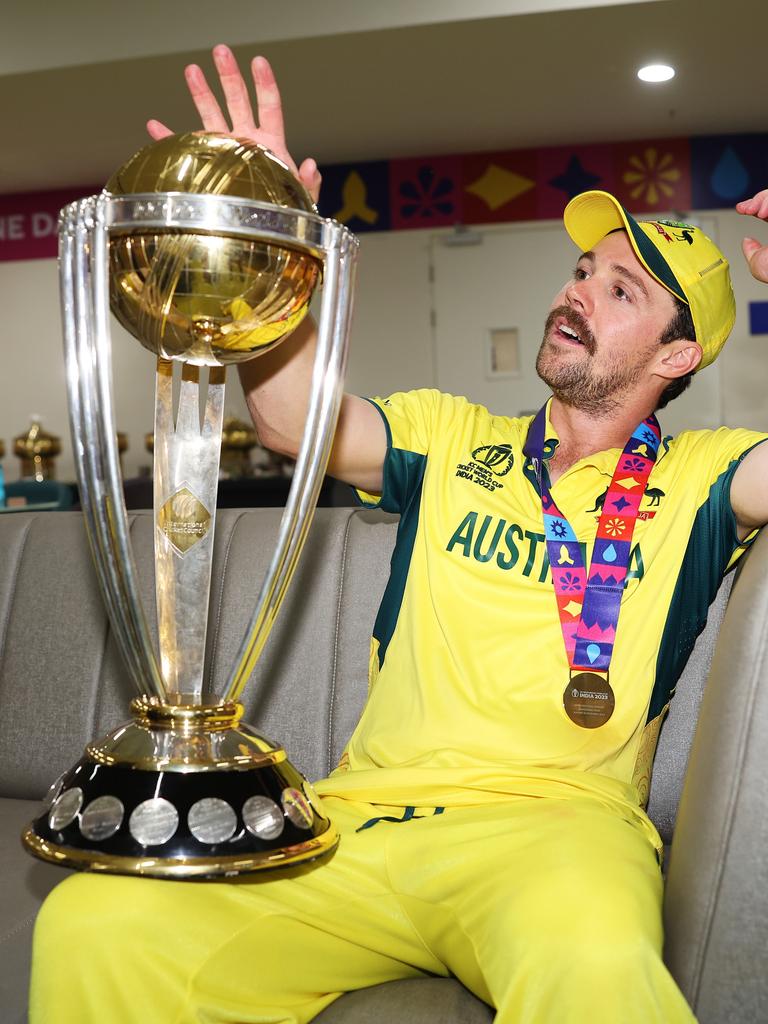 Travis Head showed he still has some larrikin in him during celebrations following the World Cup. Picture: Matthew Lewis-ICC/ICC via Getty Images