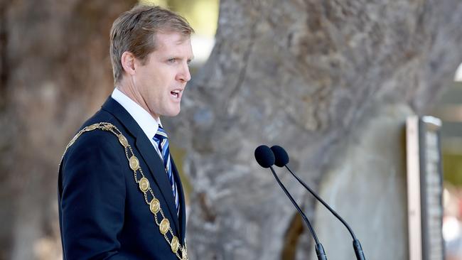 Mayor Stephen Patterson at The Old Gum Tree in Glenelg for 2015’s Proclamation Day ceremony.