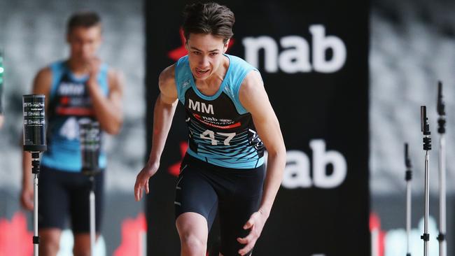 Tyler Brown takes part in the 20m sprint during the AFL Draft Combine.