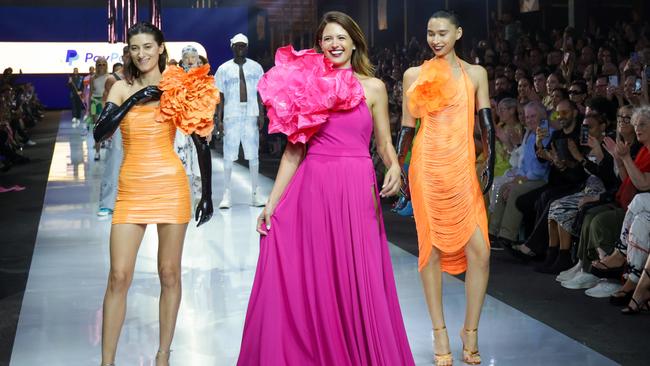 Jesinta Franklin and models on the runway of the PayPal Melbourne Fashion Show. Picture: Ian Currie