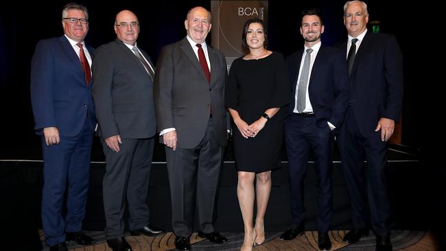 Finalists in the BCA 2021 'Biggies' Awards: Tony Johnson, left, Scott Hart, Sir Peter Cosgrove, Kaytee Collins, Simon Doyle and Pat Creaghan. Picture: Jane Dempster