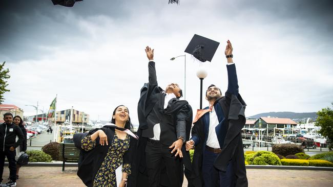 Shirisa Timilisina, Hiren Maniya and Ruchit Khambhadiya. University of Tasmania Graduations. Federation Concert Hall, Hobart. Picture: RICHARD JUPE