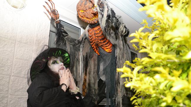 Debbie Graves with her impressive Halloween display at her Mount Louisa home