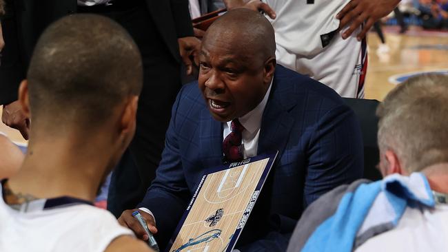 Joey Wright, coach of the 36ers addresses his players at a time-out during the round 20 NBL match between the Perth Wildcats and Adelaide 36ers at RAC Arena on February 15, 2020 in Perth, Australia. Picture: Paul Kane/Getty Images.