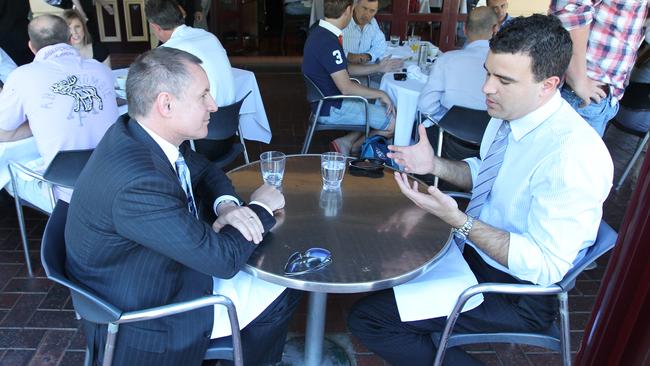 The-then education minister Jay Weatherill and the-then Shop Distributive and Allied Employees' Association (SDA) secretary Peter Malinauskas on December 3, 2010, at Chianti restaurant on Hutt Street, Adelaide. Picture: Tait Schmaal.