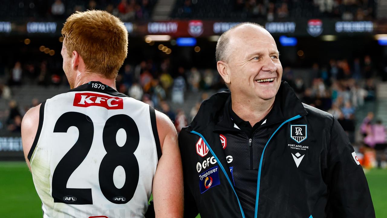 Ken Hinkley celebrates the win over St Kilda with Willem Drew. Picture: Dylan Burns/AFL Photos via Getty Images