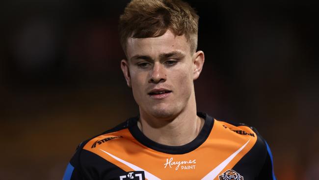 SYDNEY, AUSTRALIA - AUGUST 22: Lachlan Galvin of the Wests Tigers warms up ahead of the round 25 NRL match between Wests Tigers and Manly Sea Eagles at Leichhardt Oval on August 22, 2024 in Sydney, Australia. (Photo by Jason McCawley/Getty Images)