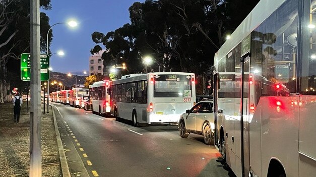 Buses banked up and passengers alighting on Glen Osmond Rd on Monday. Picture: Ryan Piekarski