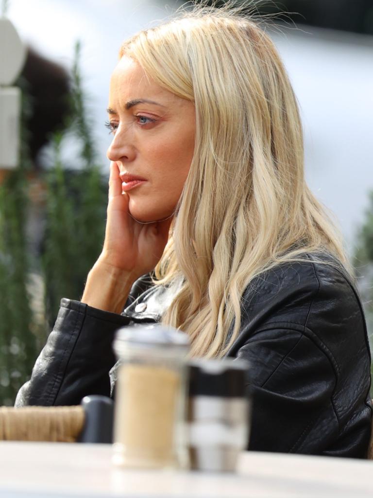 Jackie ‘O’ Henderson was pictured looking emotional at a Sydney cafe on Thursday. Picture: BACKGRID