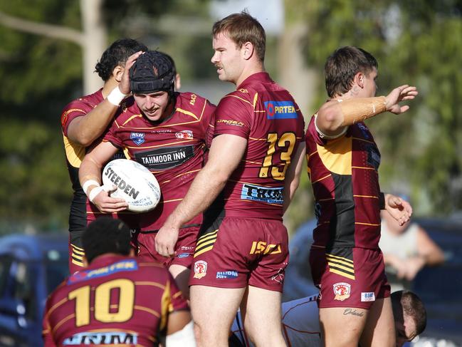 Thirlmere hooker Toby Hilyard (ball) and skipper Kye Madden (no.13) during the clash with The Oaks. Picture Warren Gannon Photography