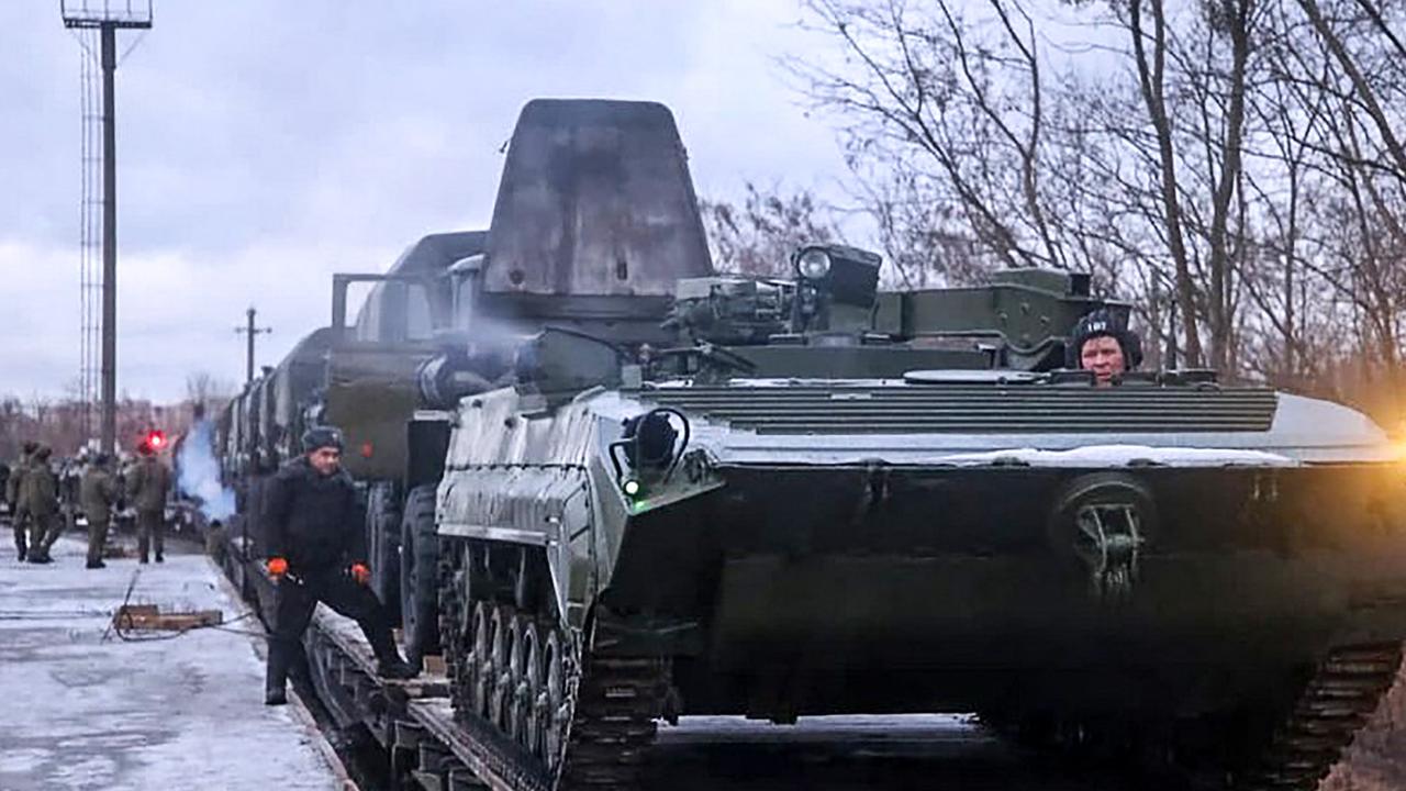 Russian troop train transporting military vehicles arriving for drills in Belarus on January 18, 2022. Picture: Ministry of Defence Republic of Belarus/AFP