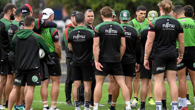 Coach Anthony Seibold (centre) addresses his players. Picture: DAN HIMBRECHTS