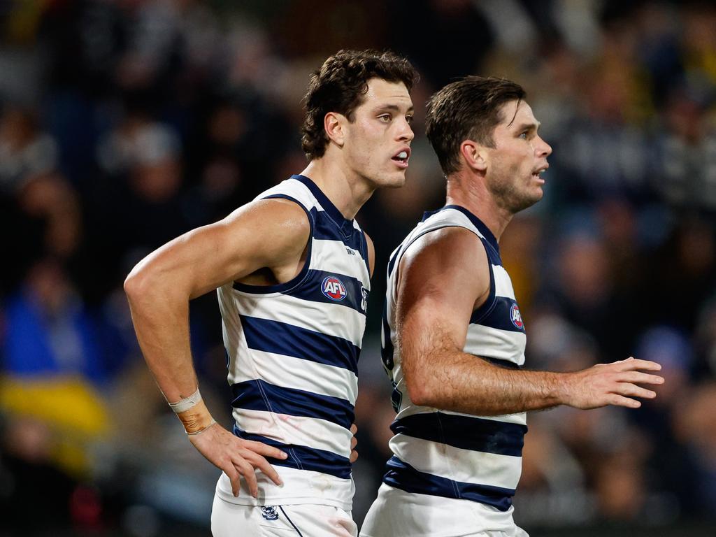 Shannon Neale took Tom Hawkins’ spot. Picture: Dylan Burns/AFL Photos via Getty Images