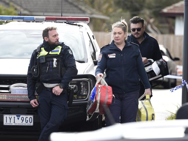 Police at a house on Bicknell Court in Broadmeadows where four people have been found dead. Picture: Andrew Henshaw