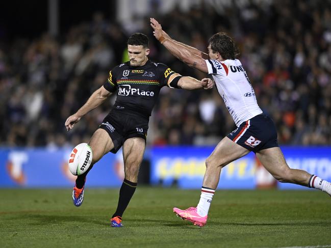 The moment Connor Watson charged down a Nathan Cleary kick. Picture: NRL Photos