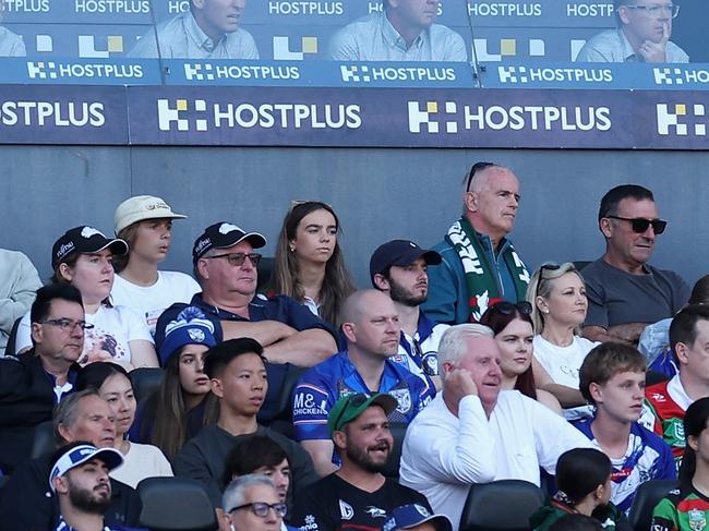 SYDNEY, AUSTRALIA – MARCH 29: Rabbitohs head coach Jason Demetriou and his assistants watch on during the round four NRL match between South Sydney Rabbitohs and Canterbury Bulldogs at Accor Stadium, on March 29, 2024, in Sydney, Australia. (Photo by Cameron Spencer/Getty Images)