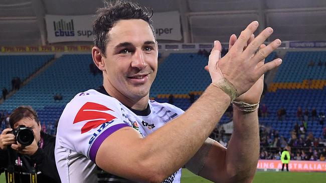 Billy Slater of the Storm acknowledges the crowd following his last game in Queensland, the Round 24 NRL match against the Titans. Photo: AAP