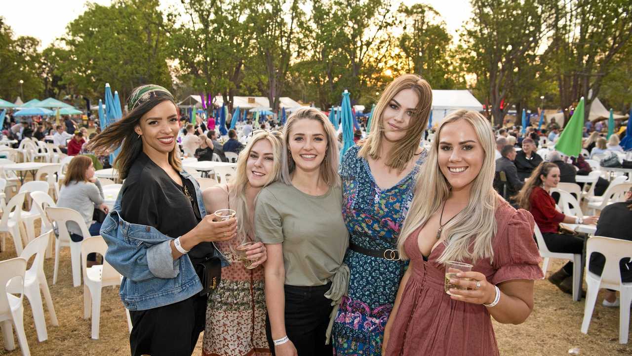 Enjoying an afternoon wine are (from left) Cheryl Rijsenburg, Alyssa Tate, Catlyn Hills, Emma Storey and Kayleigh Storey at the Heritage Bank Festival of Food and Wine of the 2019 Toowoomba Carnival of Flowers, Friday, September 20, 2019. Picture: Kevin Farmer