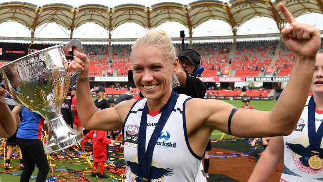 Adelaide co-captain Erin Phillips celebrates the AFLW Grand Final win.