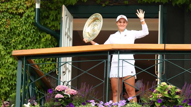 Ashleigh Barty of Australia celebrates with the Venus Rosewater Dish trophy after winning her Ladies' Singles Final match against Karolina Pliskova. Picture: Julian Finney/Getty Images