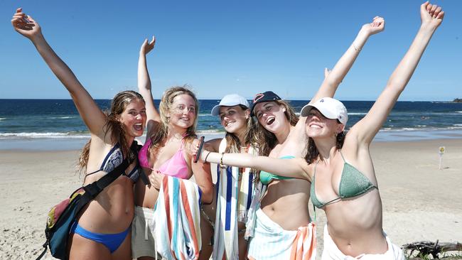 Schoolies from Star of The Sea College in Melbourne (from left) Tilly Mottram, Lily Clarke-Blanche, Charlotte Gerrand, Milly Young and Therese Hetherington relax in Byron Bay. Photograph: Jason O'Brien